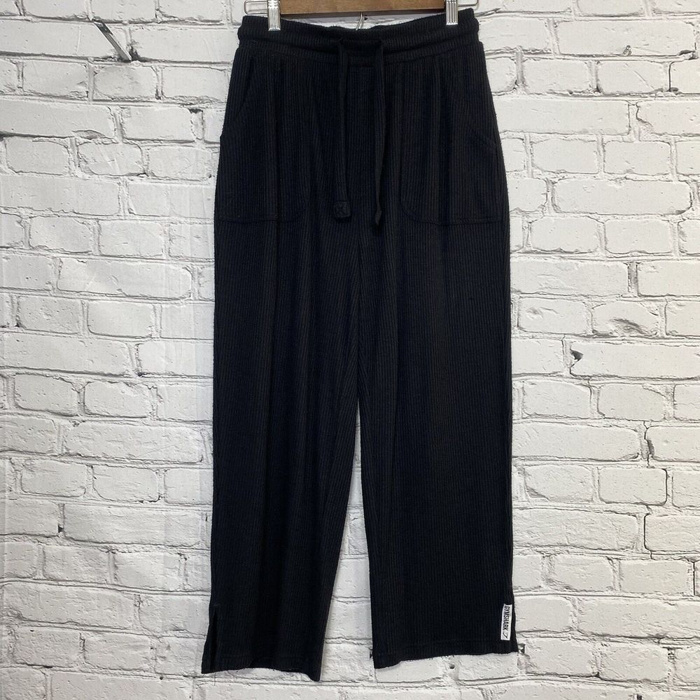 Gymshark Womens Ribbed High Waisted Cropped Wide‎ Leg Pants Size S Black Stretch